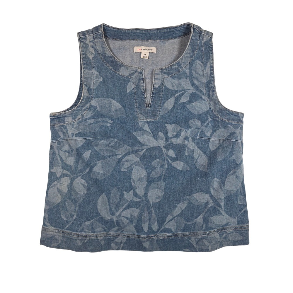 Denim‎ Floral Top Leaf Print Split Neck Medium Blue Sleeveless Cottagecore